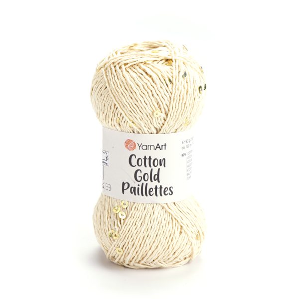 Alize Cotton Gold Paillettes sequin yarn skein 7103, sparkly cotton-acrylic yarn perfect for elegant knitting and crochet garments.